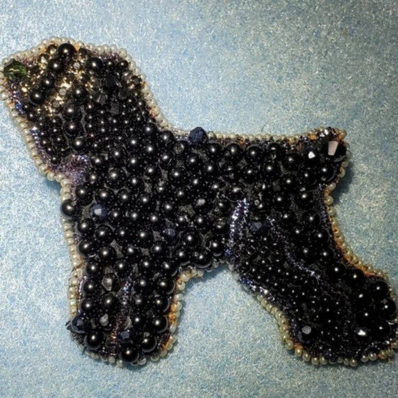 Beaded brooch pin Black Russian Terrier dog made with Swarovski & Czech Crystals